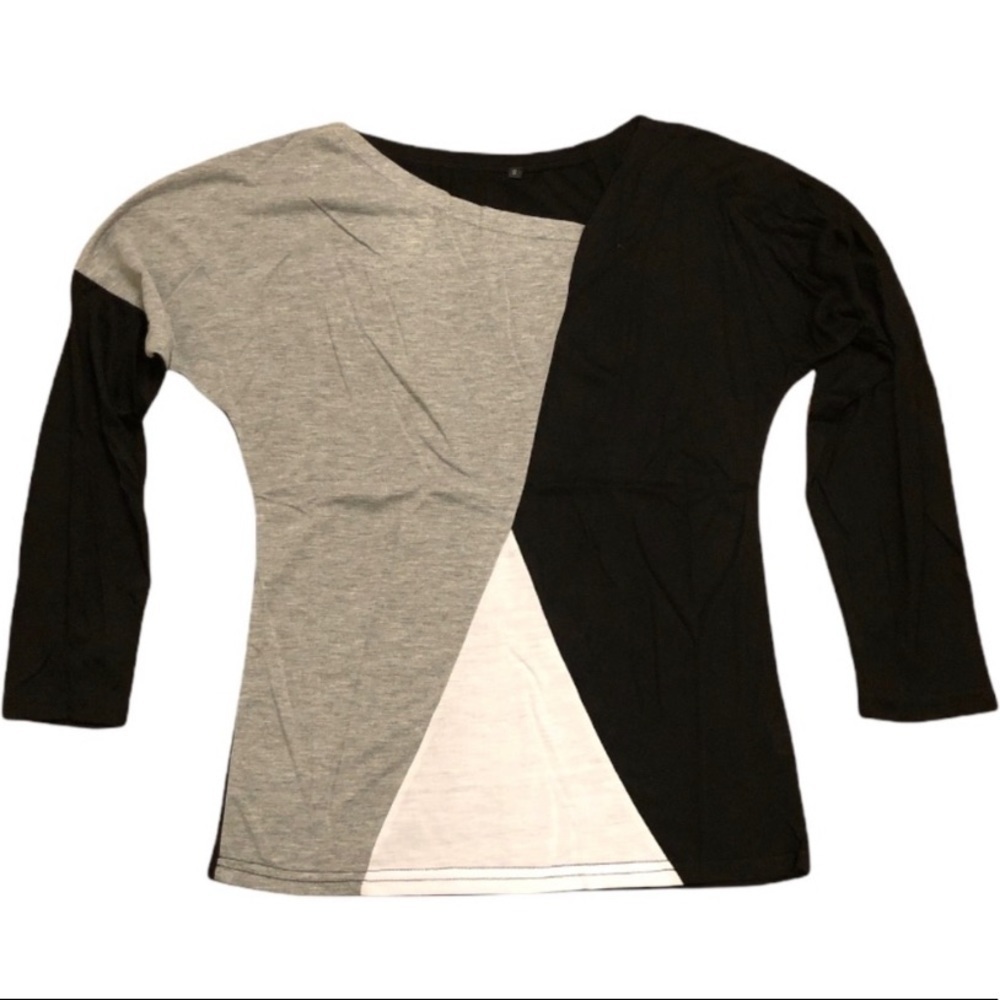 Color block geometric long sleeve top, asymmetrical neckline neutral new - Picture 5 of 12